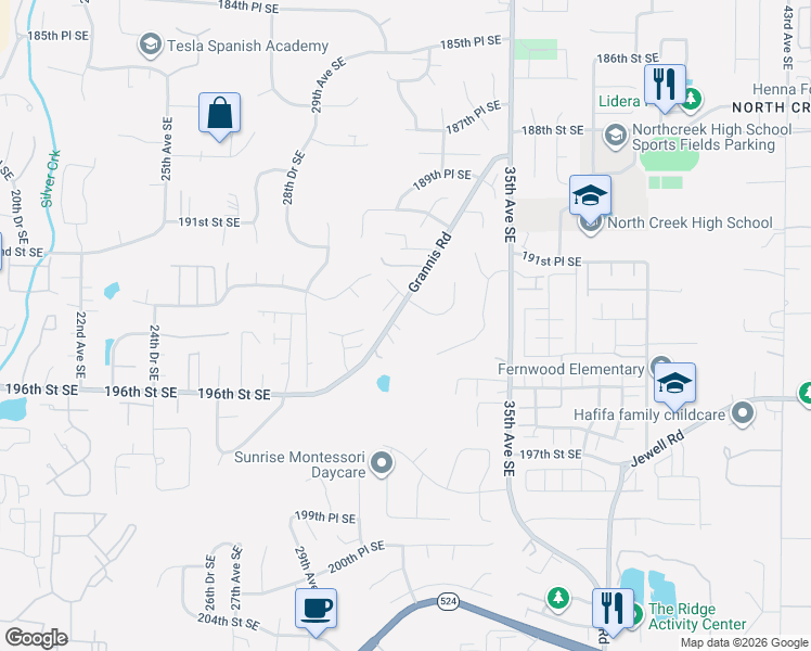 map of restaurants, bars, coffee shops, grocery stores, and more near 19327 Grannis Road in Bothell