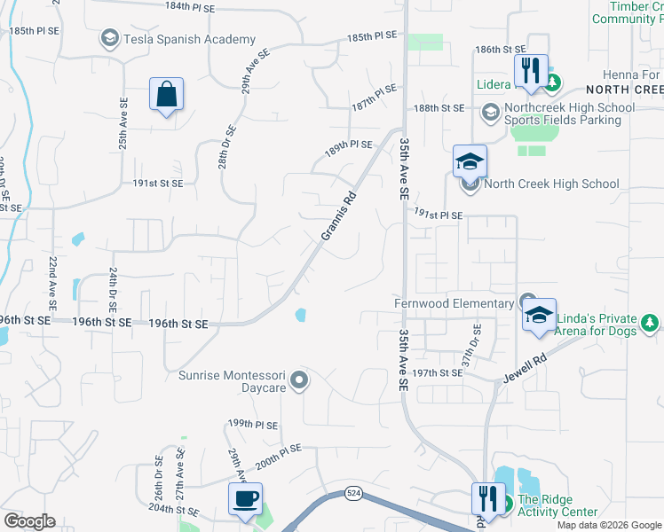 map of restaurants, bars, coffee shops, grocery stores, and more near 19327 Grannis Road in Bothell