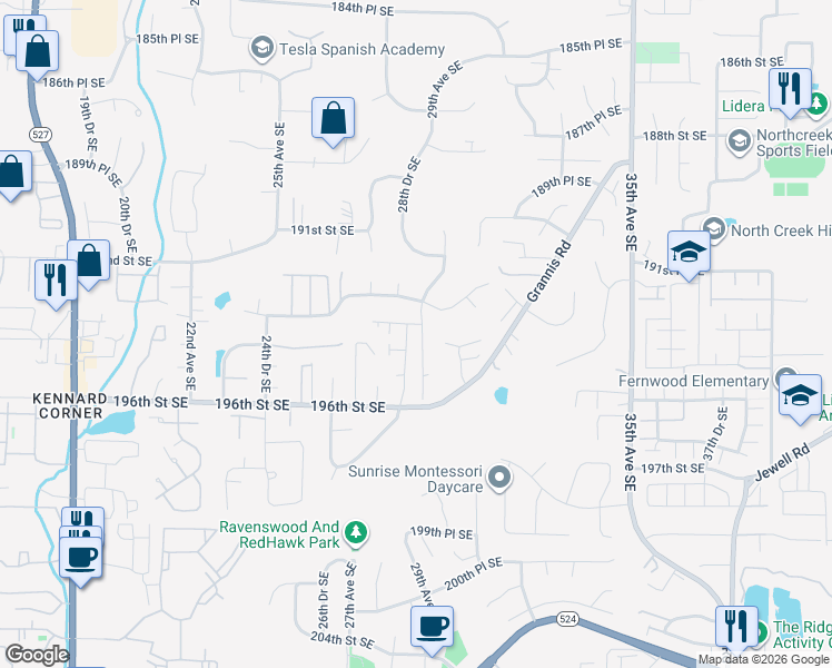 map of restaurants, bars, coffee shops, grocery stores, and more near 19414 29th Avenue Southeast in Bothell