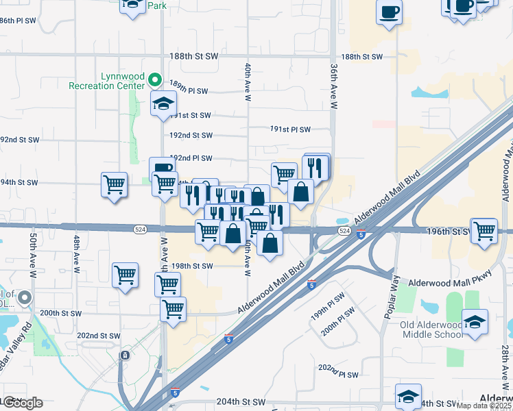 map of restaurants, bars, coffee shops, grocery stores, and more near 19501 40th Avenue West in Lynnwood