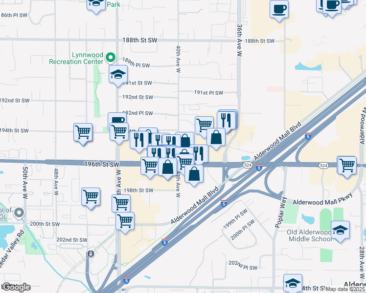 map of restaurants, bars, coffee shops, grocery stores, and more near 3909 196th Street Southwest in Lynnwood