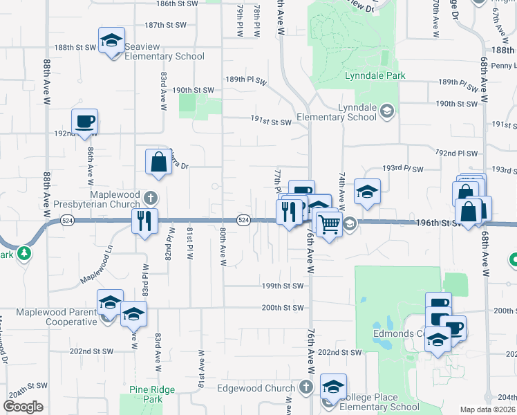 map of restaurants, bars, coffee shops, grocery stores, and more near 7731 196th Street Southwest in Edmonds