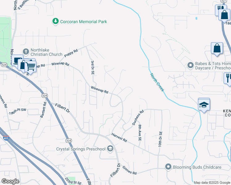 map of restaurants, bars, coffee shops, grocery stores, and more near 19425 Winesap Lane in Bothell