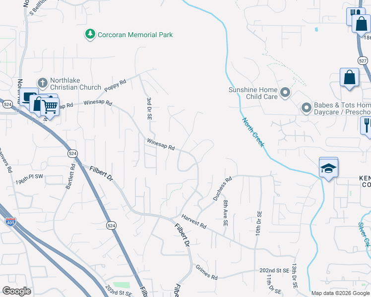 map of restaurants, bars, coffee shops, grocery stores, and more near 19425 Winesap Lane in Bothell