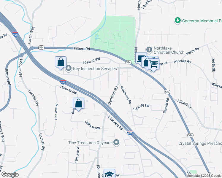map of restaurants, bars, coffee shops, grocery stores, and more near 19500 Damson Road in Lynnwood