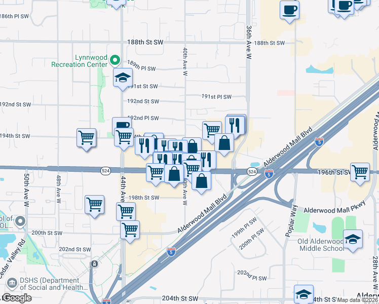 map of restaurants, bars, coffee shops, grocery stores, and more near 3909 196th Street Southwest in Lynnwood