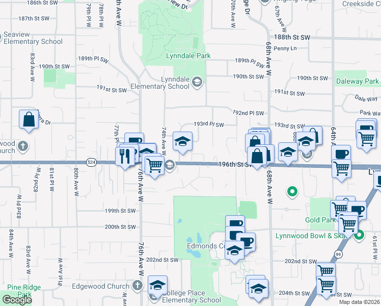 map of restaurants, bars, coffee shops, grocery stores, and more near 7213 196th Street Southwest in Lynnwood