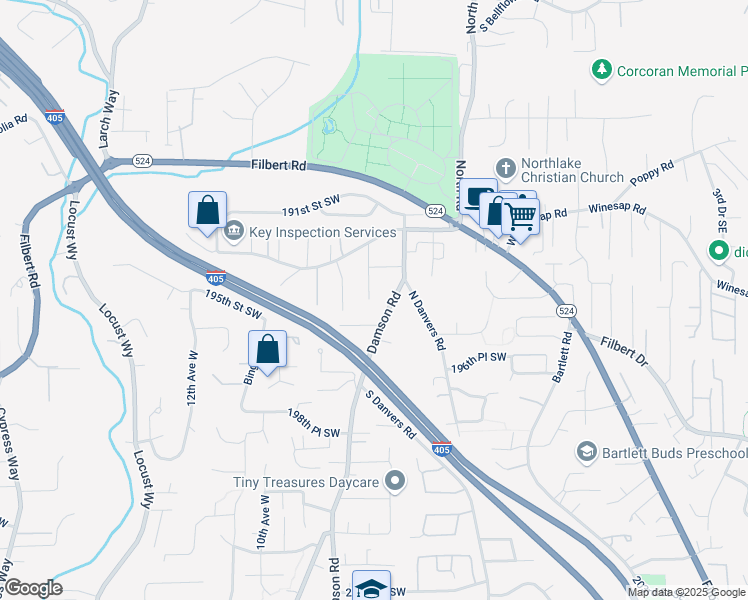 map of restaurants, bars, coffee shops, grocery stores, and more near 19500 Damson Road in Lynnwood