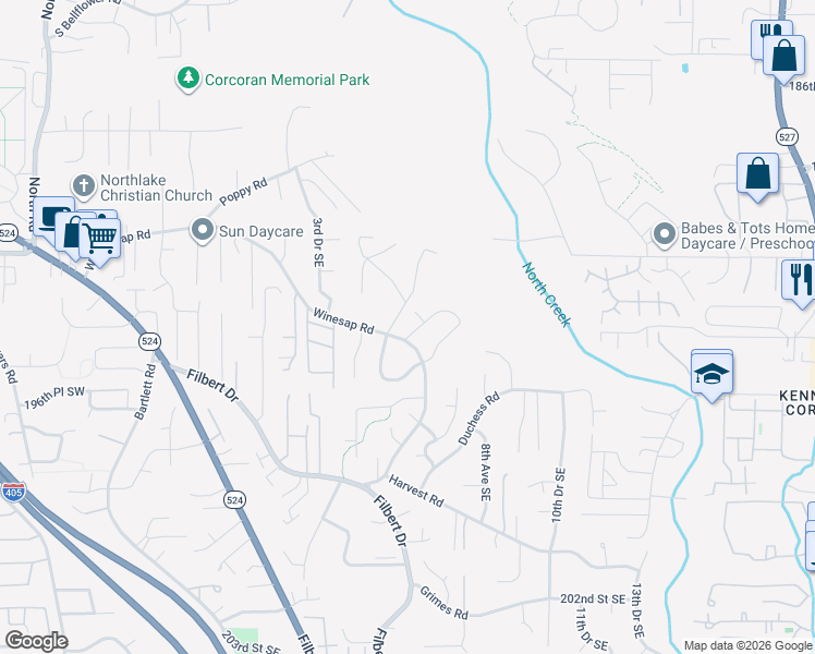 map of restaurants, bars, coffee shops, grocery stores, and more near 525 195th Street Southeast in Bothell