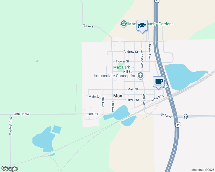 map of restaurants, bars, coffee shops, grocery stores, and more near 105-111 7th Avenue in Max