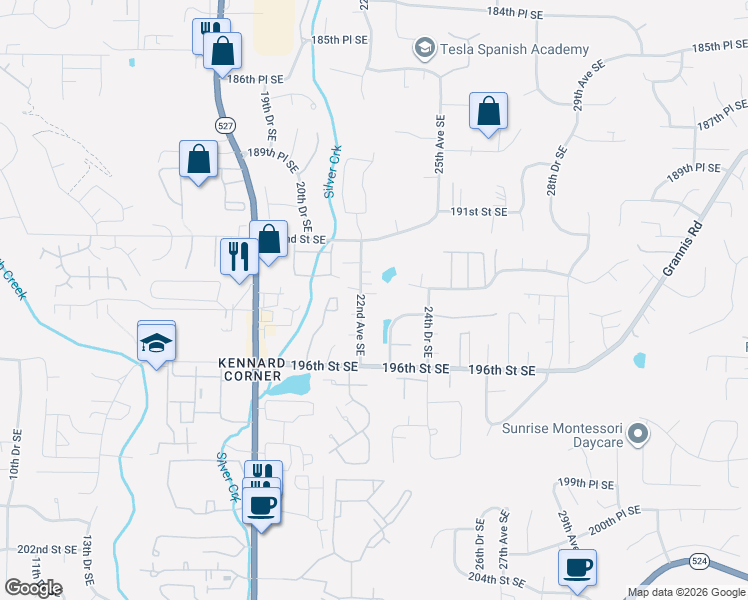 map of restaurants, bars, coffee shops, grocery stores, and more near 19405 22nd Avenue Southeast in Bothell