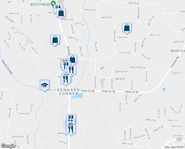 map of restaurants, bars, coffee shops, grocery stores, and more near 19406 22nd Avenue Southeast in Bothell