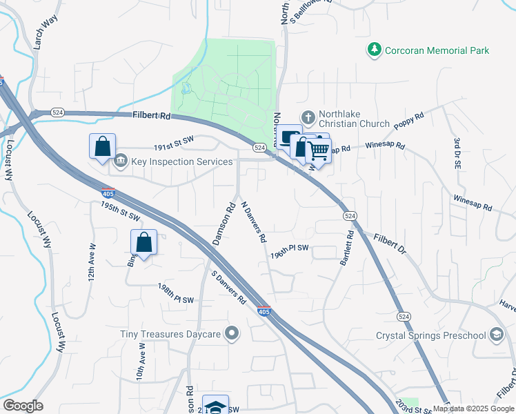 map of restaurants, bars, coffee shops, grocery stores, and more near 19427 North Danvers Road in Brier