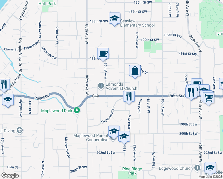 map of restaurants, bars, coffee shops, grocery stores, and more near 19525 86th Avenue West in Edmonds