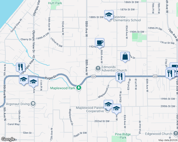 map of restaurants, bars, coffee shops, grocery stores, and more near 19509 88th Avenue West in Edmonds