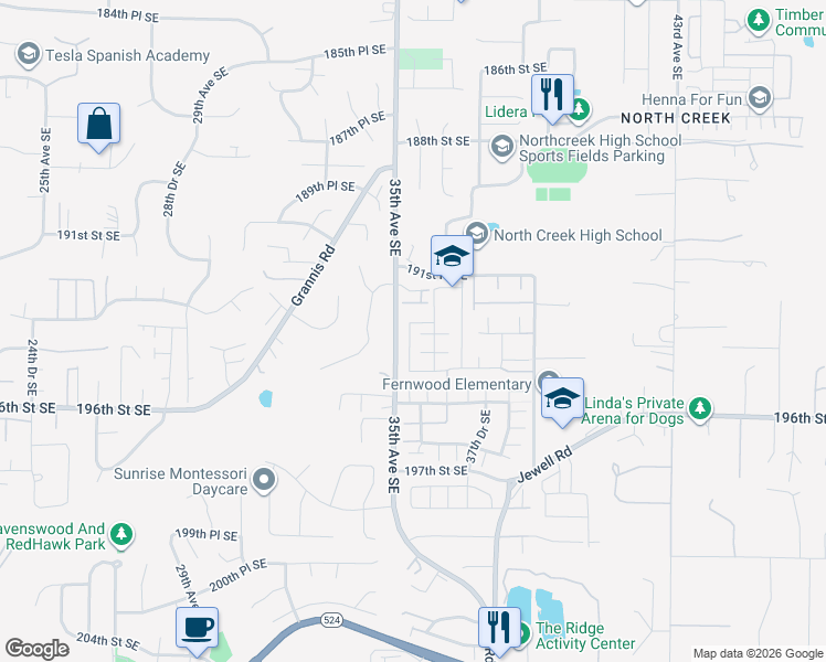 map of restaurants, bars, coffee shops, grocery stores, and more near 19414 35th Drive Southeast in Bothell