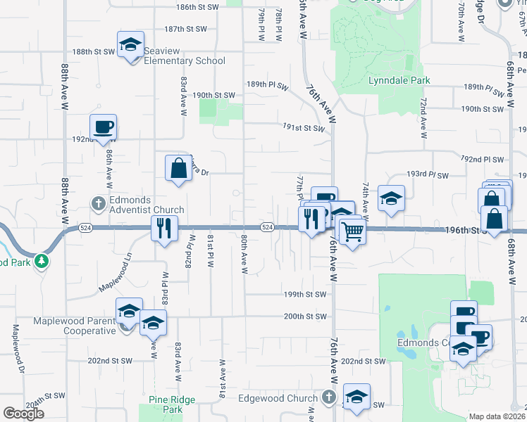 map of restaurants, bars, coffee shops, grocery stores, and more near 7901 196th Street Southwest in Edmonds