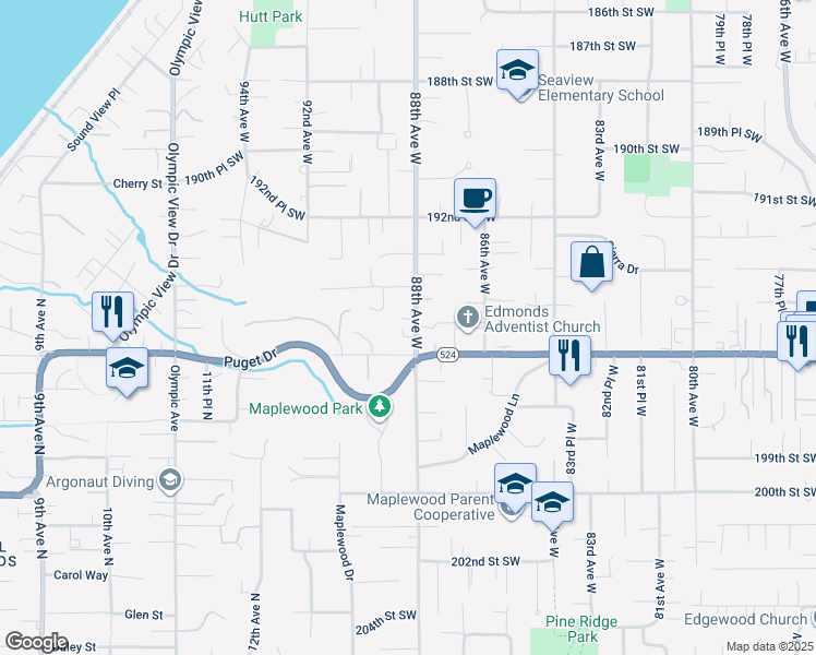 map of restaurants, bars, coffee shops, grocery stores, and more near 19508 88th Avenue West in Edmonds