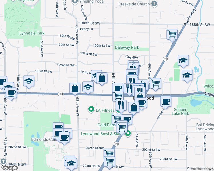map of restaurants, bars, coffee shops, grocery stores, and more near in Lynnwood