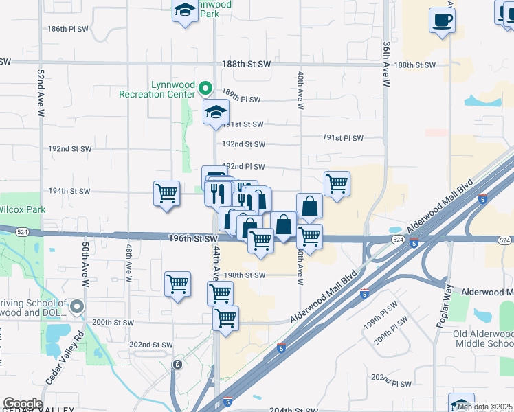 map of restaurants, bars, coffee shops, grocery stores, and more near 4200 194th Street Southwest in Lynnwood