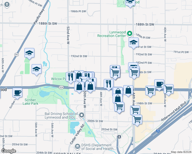 map of restaurants, bars, coffee shops, grocery stores, and more near 19412 48th Avenue West in Lynnwood