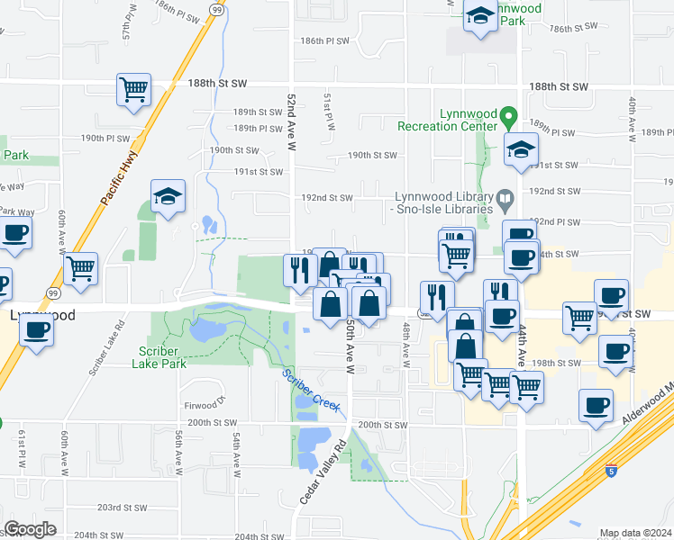 map of restaurants, bars, coffee shops, grocery stores, and more near 5020 194th Street Southwest in Lynnwood
