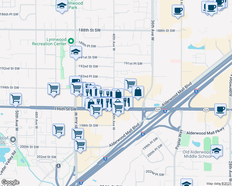 map of restaurants, bars, coffee shops, grocery stores, and more near 19501 40th Avenue West in Lynnwood