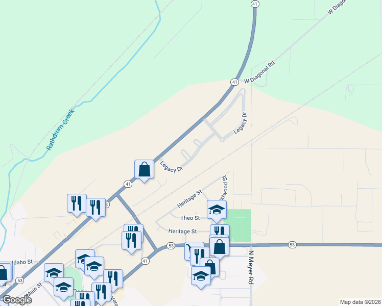 map of restaurants, bars, coffee shops, grocery stores, and more near 6823 Legacy Drive in Rathdrum