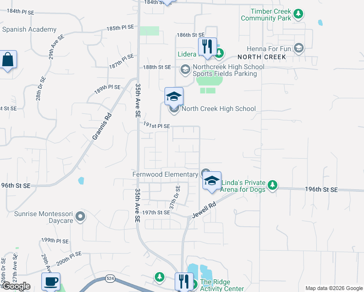 map of restaurants, bars, coffee shops, grocery stores, and more near 3717 192nd Place Southeast in Bothell