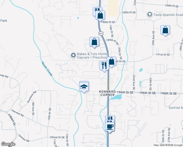 map of restaurants, bars, coffee shops, grocery stores, and more near 1526 192nd Street Southeast in Bothell