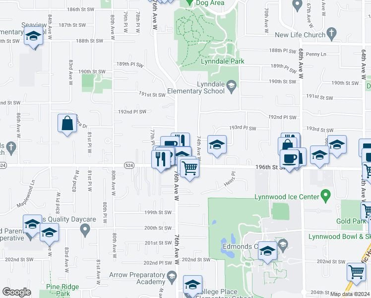 map of restaurants, bars, coffee shops, grocery stores, and more near 19409 76th Avenue West in Lynnwood