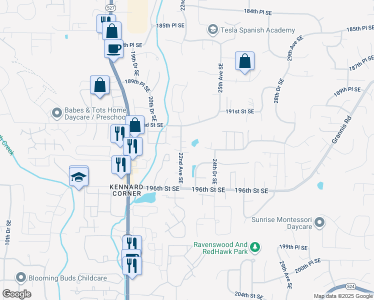 map of restaurants, bars, coffee shops, grocery stores, and more near 19315 22nd Avenue Southeast in Bothell