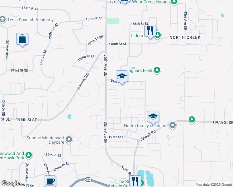 map of restaurants, bars, coffee shops, grocery stores, and more near 19216 37th Avenue Southeast in Bothell