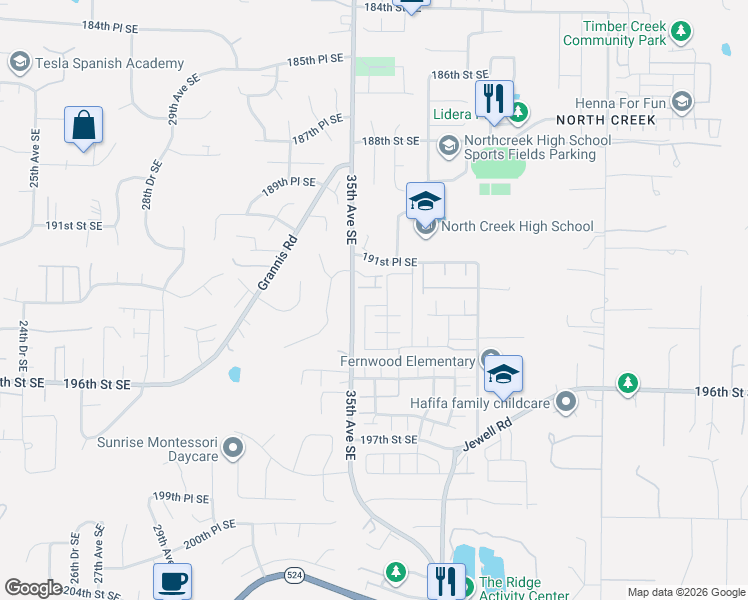map of restaurants, bars, coffee shops, grocery stores, and more near 19223 35th Avenue Southeast in Bothell