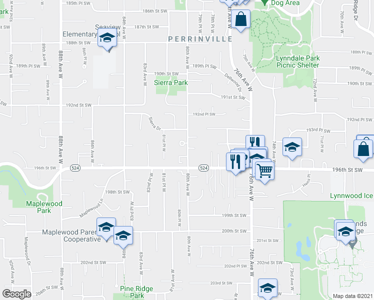 map of restaurants, bars, coffee shops, grocery stores, and more near 8005 194th Place Southwest in Edmonds