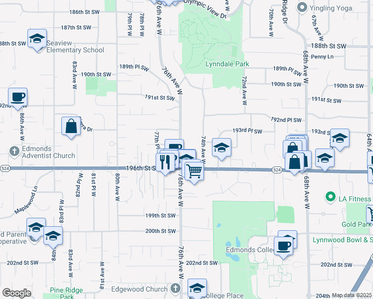 map of restaurants, bars, coffee shops, grocery stores, and more near 19409 76th Avenue West in Lynnwood