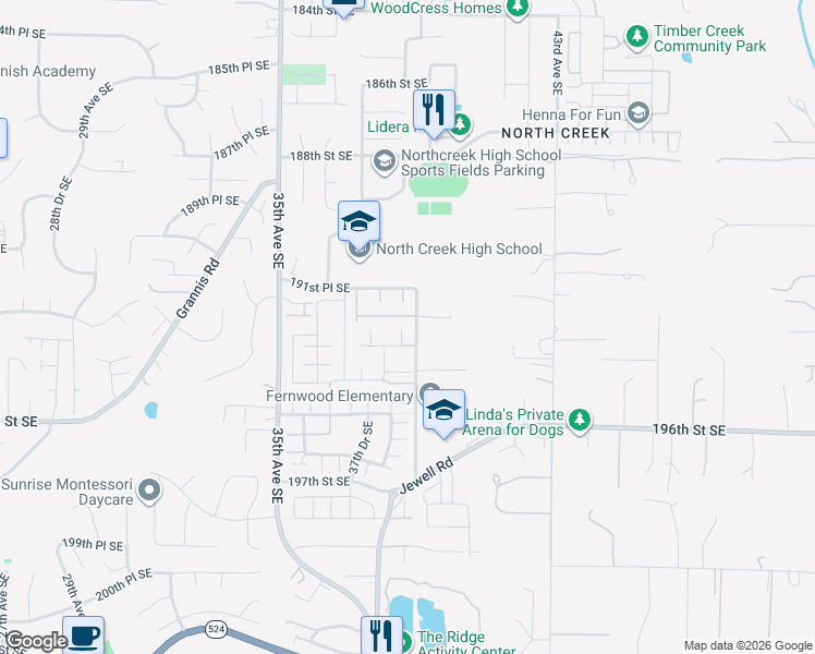 map of restaurants, bars, coffee shops, grocery stores, and more near 3819 192nd Place Southeast in Bothell
