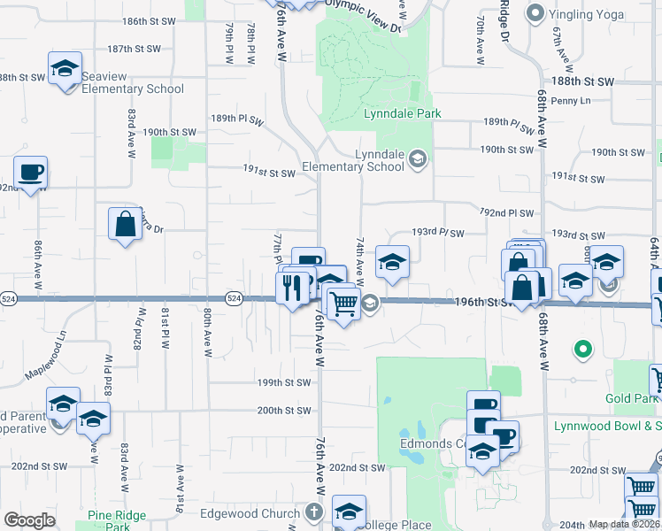 map of restaurants, bars, coffee shops, grocery stores, and more near 19425 76th Avenue West in Lynnwood