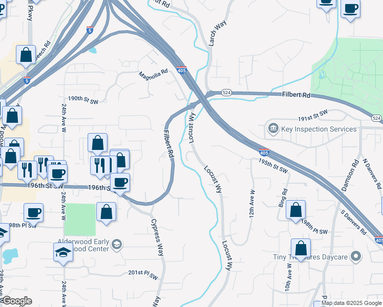 map of restaurants, bars, coffee shops, grocery stores, and more near 19314 Locust Way in Lynnwood