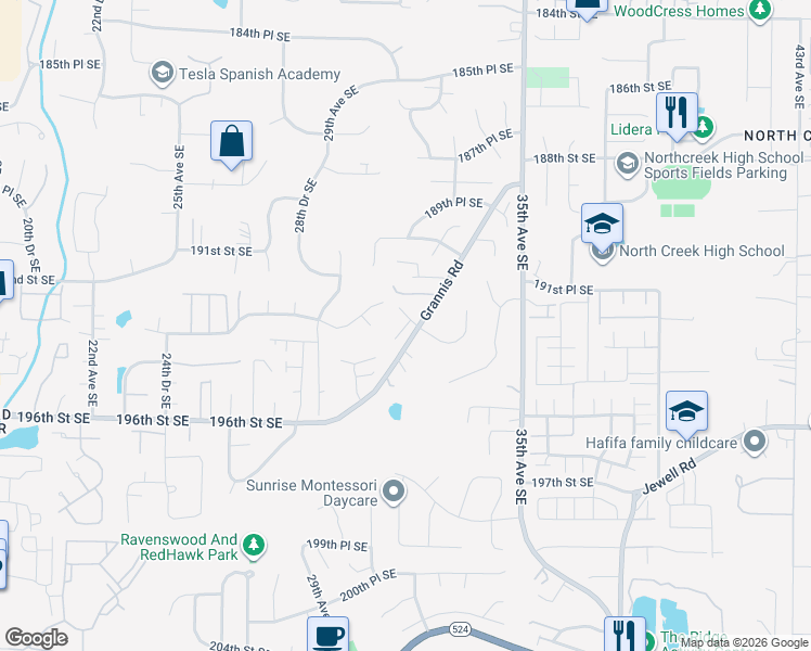 map of restaurants, bars, coffee shops, grocery stores, and more near 19307 31st Drive Southeast in Bothell