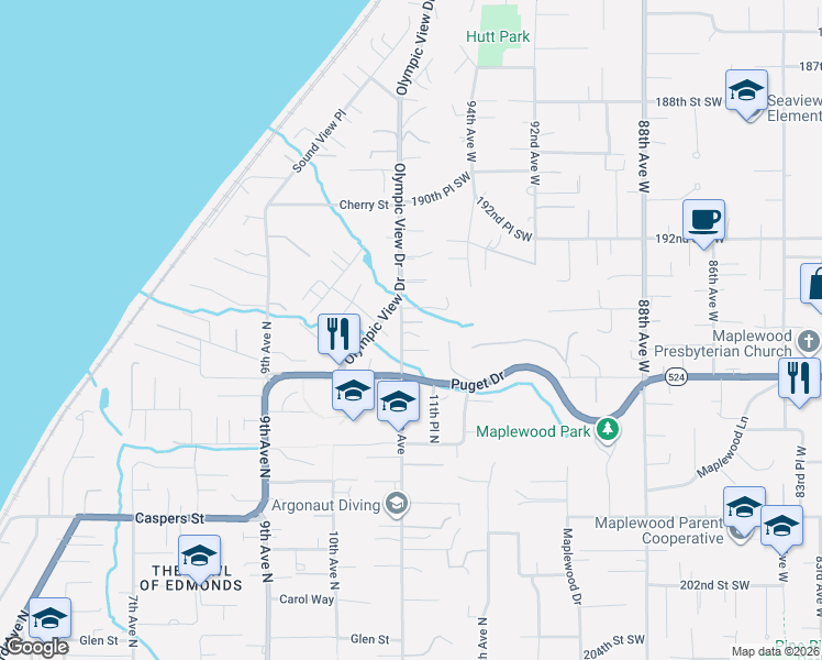 map of restaurants, bars, coffee shops, grocery stores, and more near 1420 Olympic Avenue in Edmonds