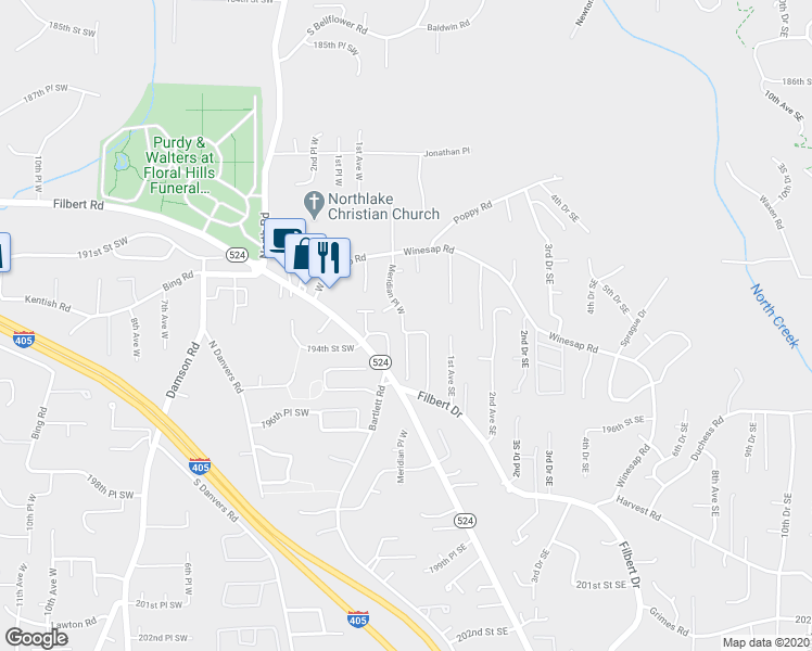 map of restaurants, bars, coffee shops, grocery stores, and more near 14 193rd Street Southwest in Bothell
