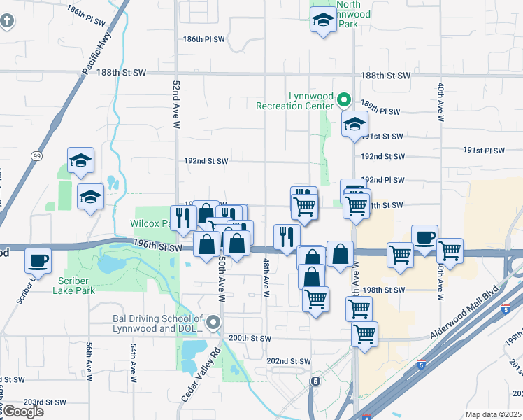 map of restaurants, bars, coffee shops, grocery stores, and more near 19324 48th Avenue West in Lynnwood