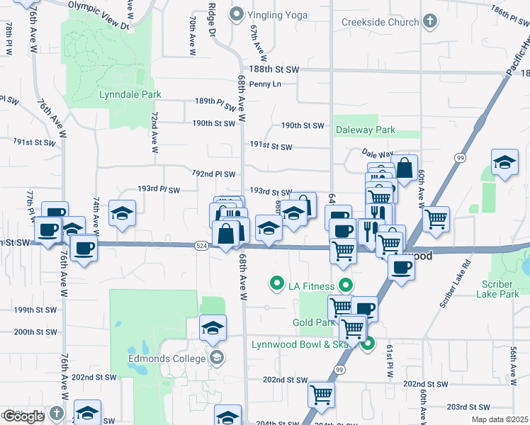 map of restaurants, bars, coffee shops, grocery stores, and more near 19404 66th Avenue West in Lynnwood