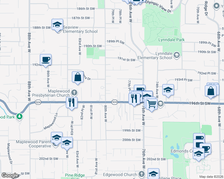 map of restaurants, bars, coffee shops, grocery stores, and more near 19411 80th Avenue West in Edmonds