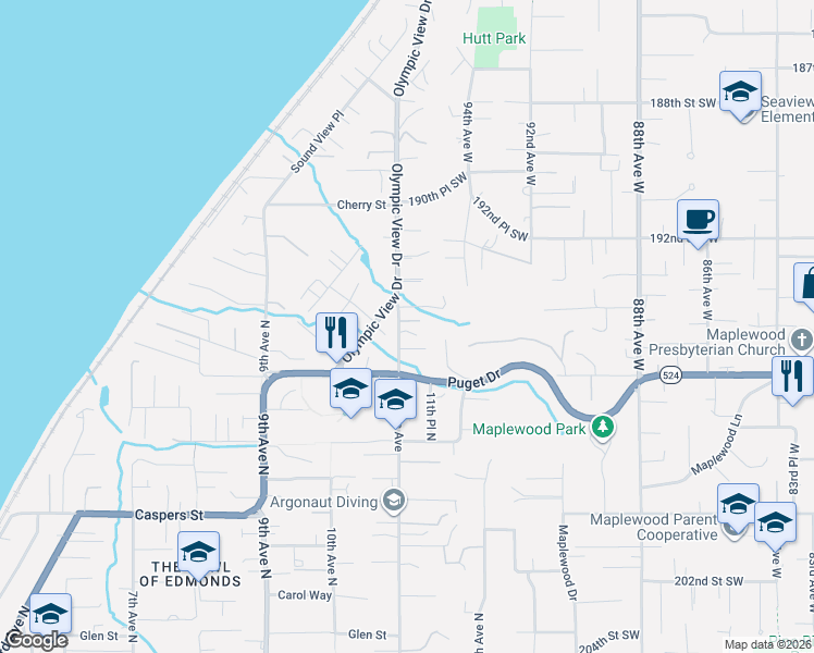 map of restaurants, bars, coffee shops, grocery stores, and more near 1420 Olympic Avenue in Edmonds