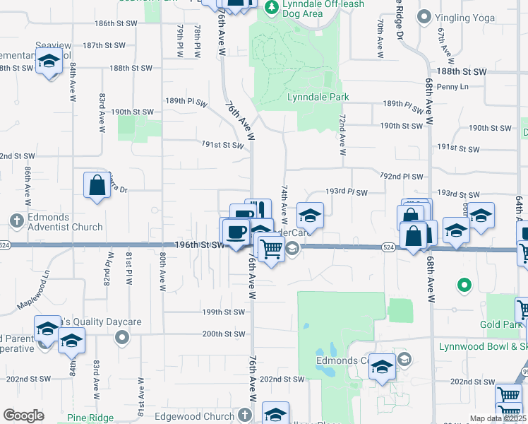 map of restaurants, bars, coffee shops, grocery stores, and more near 19409 76th Avenue West in Lynnwood