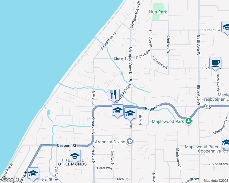 map of restaurants, bars, coffee shops, grocery stores, and more near 1036 Euclid Avenue in Edmonds