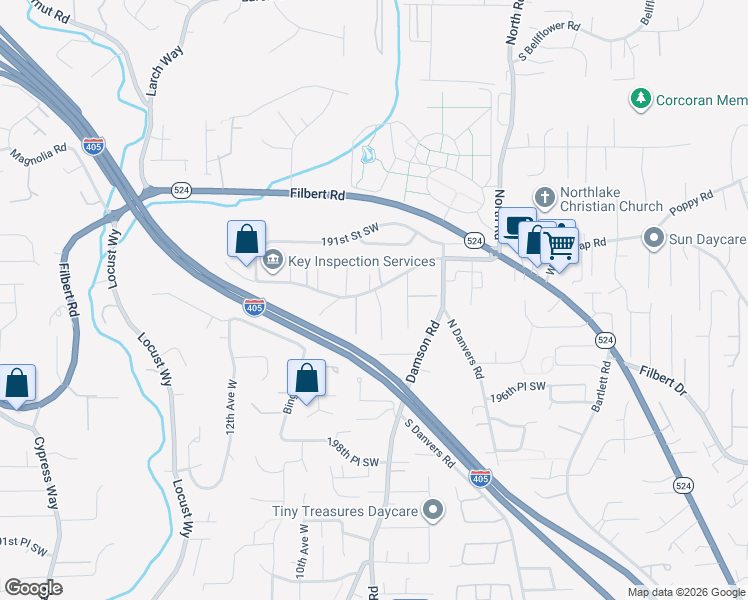 map of restaurants, bars, coffee shops, grocery stores, and more near 802 Bing Road in Lynnwood
