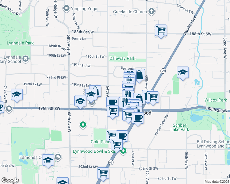 map of restaurants, bars, coffee shops, grocery stores, and more near 6321 194th Street Southwest in Lynnwood